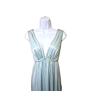 Vtg 70s Grecian Goddess Plunge Long Nightgown Nylon Blue Size L Val Mode Boudoir